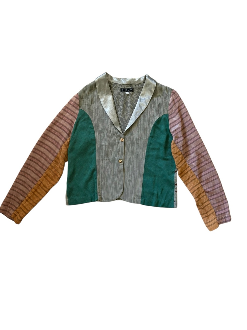Citron Santa Monica Patchwork Art To Wear Jacket Silk Blend Gray Green